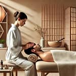 A serene Japanese head spa scene that captures the tranquil atmosphere and the professional care provided during the treatment.