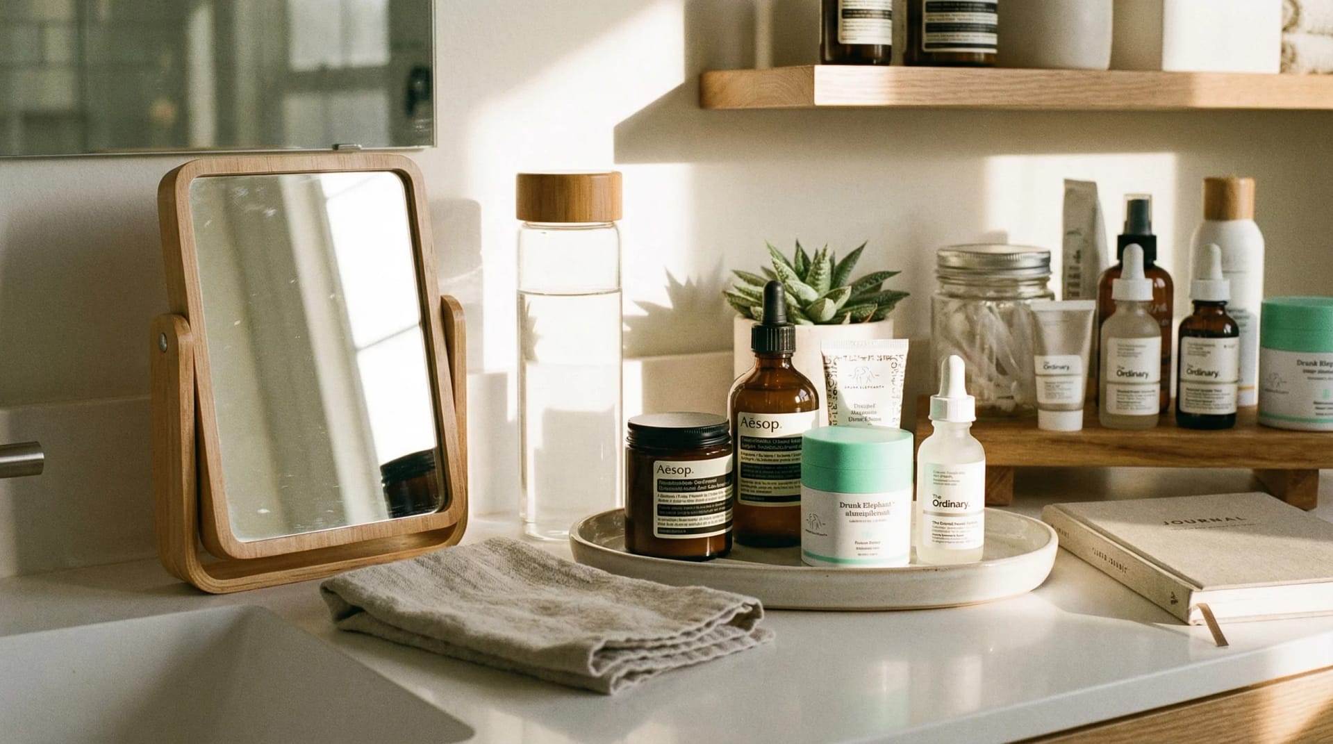 Daily Beauty Routine For Busy Professionals A neat countertop with organized skincare products, a travelsized mirror, and a water bottle. Sunlight streams softly onto the surface, emphasizing a relaxed morning routine.