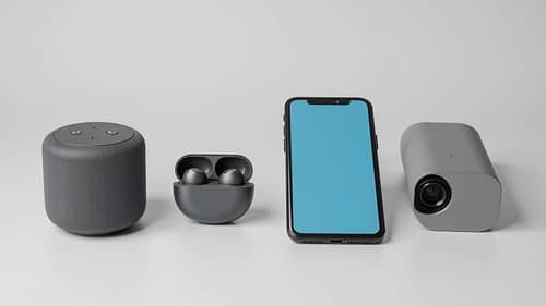 A collection of modern gadgets including a smart speaker, wireless earbuds, a foldable smartphone, and a portable projector lined up on a plain surface.