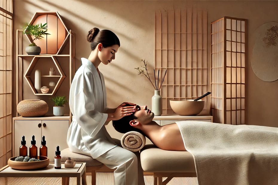 A serene Japanese head spa scene that captures the tranquil atmosphere and the professional care provided during the treatment.