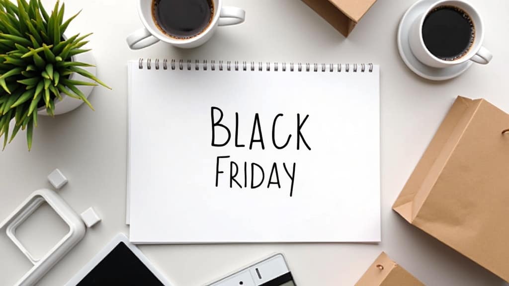 How To Create The Ultimate Black Friday Shopping List A flat lay of a notepad with 'Black Friday' written at the top, surrounded by shopping bags, coffee, and tech gadgets.