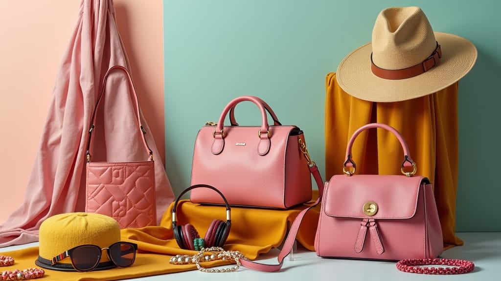 6 Trending Fashion Accessories For This Season A vibrant display featuring trending fashion accessories including handbags, hats, sunglasses, scarves, and chunky jewelry, styled on a modern background of pastel and earth tones.