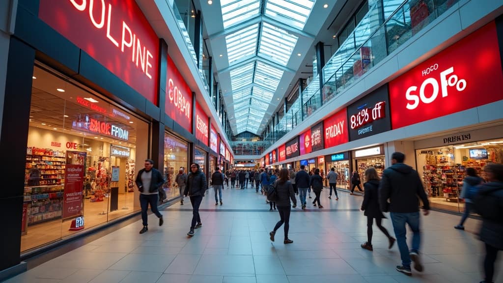 A wide-angle view of a shopping mall decorated for Black Friday and Cyber Monday sales, with banners and digital screens showing discounts.