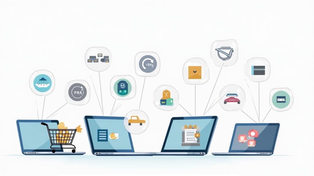 How To Navigate Online Marketplaces Like A Pro A collage of laptops, shopping carts, and digital icons representing e-commerce platforms, credit cards, and package deliveries.