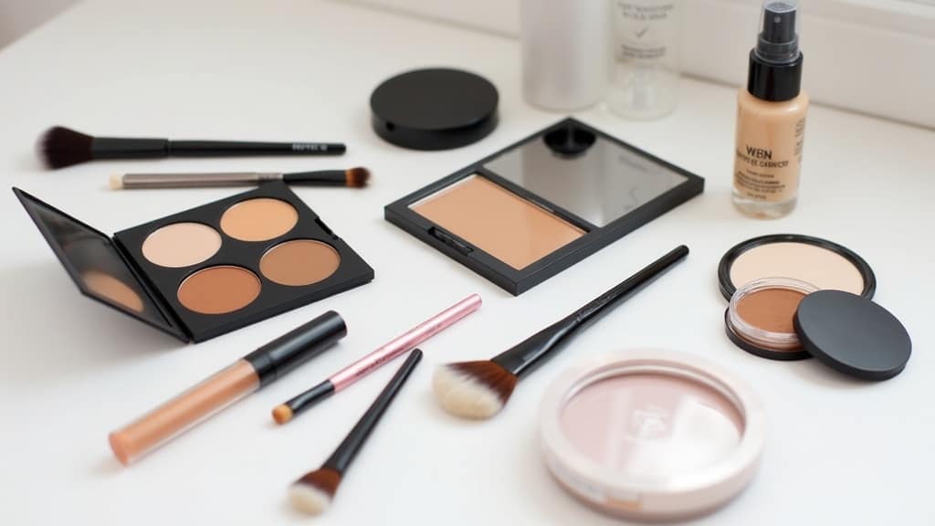 Makeup And Beauty Tips For Fashion Vloggers A spread of makeup brushes, palettes, foundation, and setting spray neatly arranged on a minimalist vanity table.