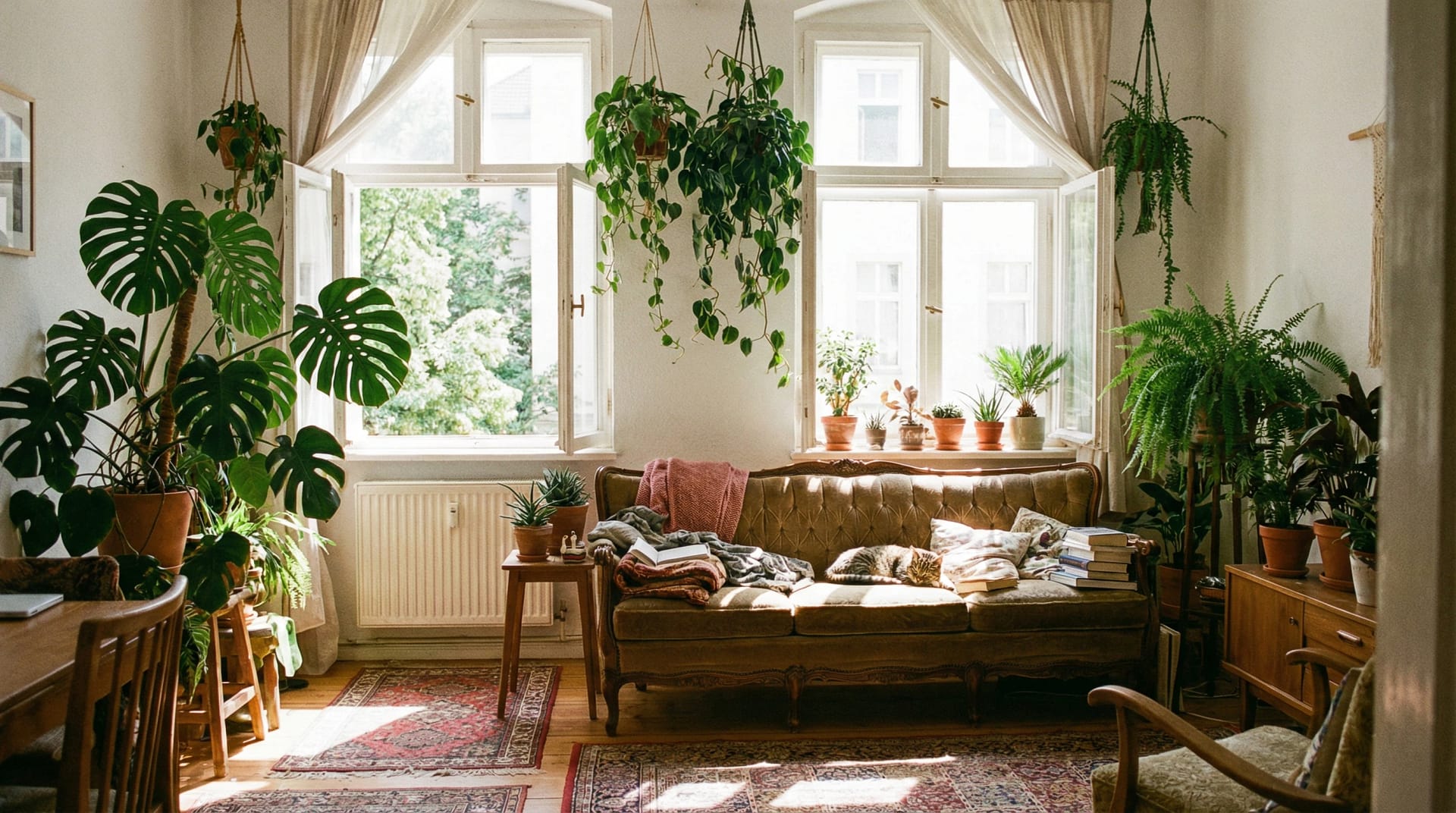 Natural Ways To Purify Home Air Without Harsh Chemicals A cozy living room with many green houseplants, sunlight streaming in, wooden shelves, books, and open windows allowing fresh air in.