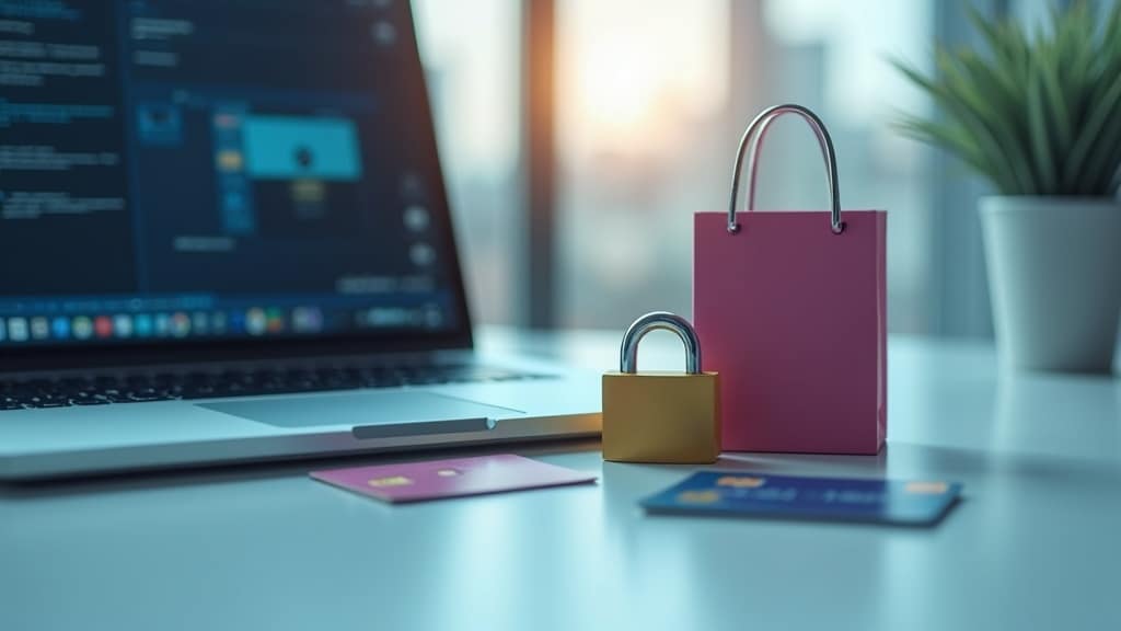 10 Essential Tips For Safe Online Shopping A laptop, a credit card, and a small shopping bag on a desk with a locked padlock nearby, symbolizing online shopping security.