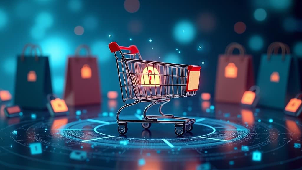Protect Your Personal Information When Shopping Online - 5 tips A stylized virtual shopping cart with layers of digital security symbols