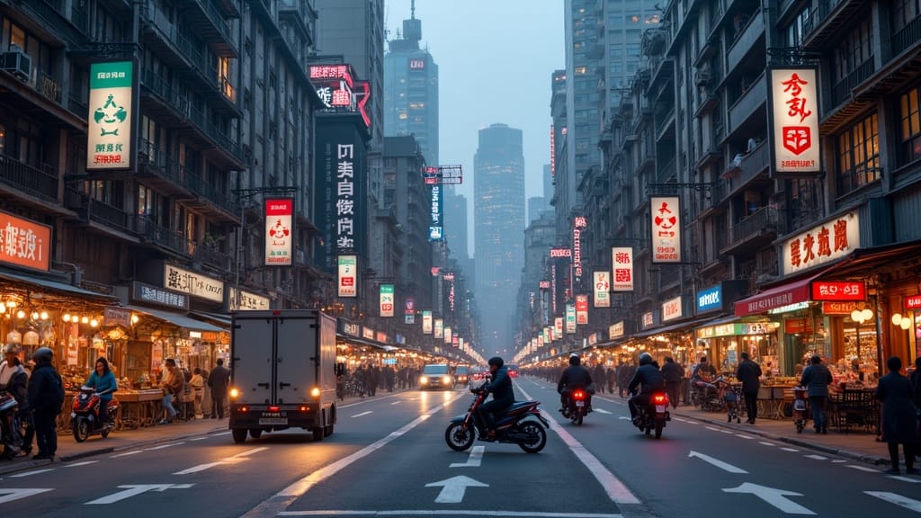 Emerging Markets In E-commerce A bustling city street in Southeast Asia at night with bright digital advertisements and delivery drivers zipping by