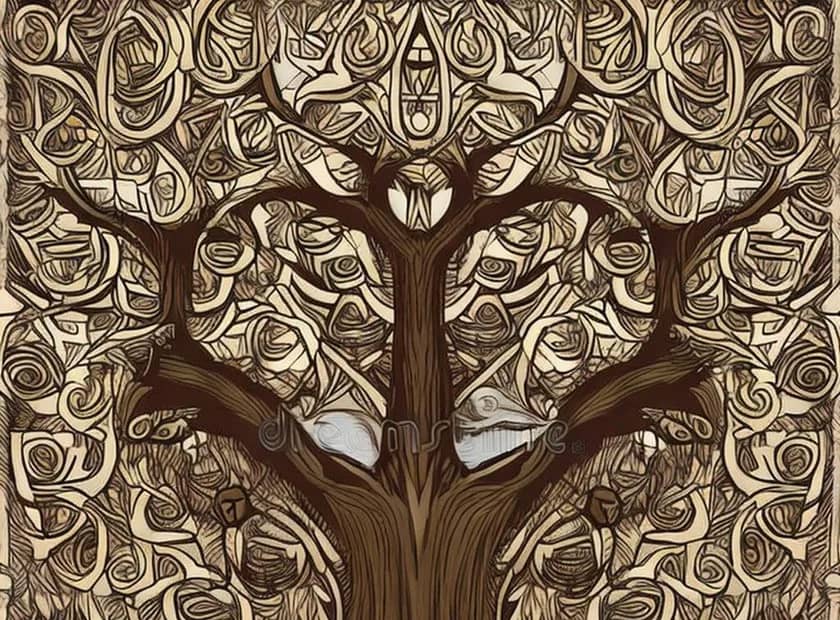 Yggdrasil and scandinavian people. A Norse myth and cosmology. The well of Urd and fates.