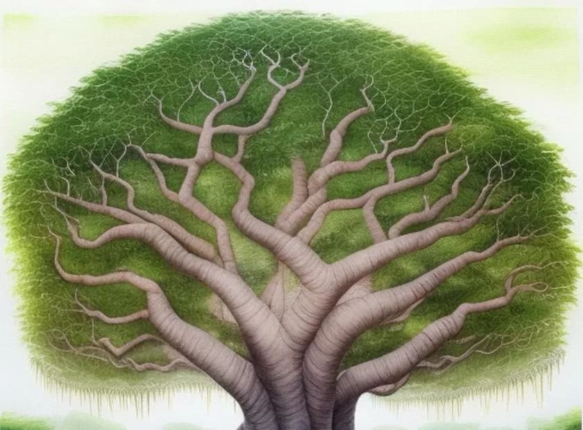 Banyan Tree (Ficus benghalensis) - In Hinduism, the banyan tree is considered sacred and is often associated with Lord Krishna. It's known for its expansive aerial roots that create a canopy, symbolizing interconnectedness and the unity of all life