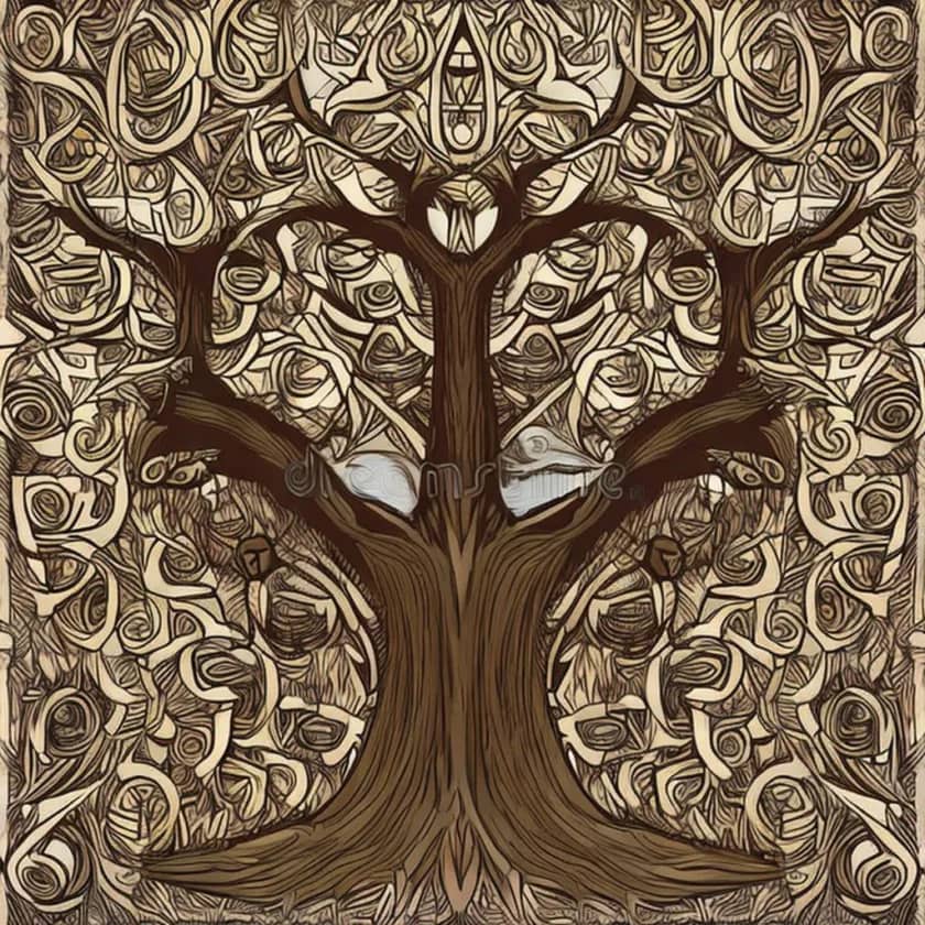Yggdrasil and scandinavian people. A Norse myth and cosmology. The well of Urd and fates.