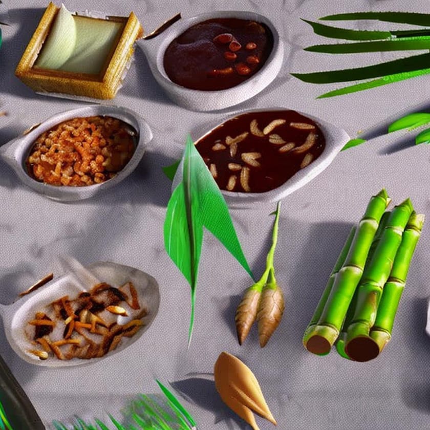 Bamboo menu and recepies for appetizer, main course, side dish, dessert, beverage. Where to find shoots and leaves and how to slice them.