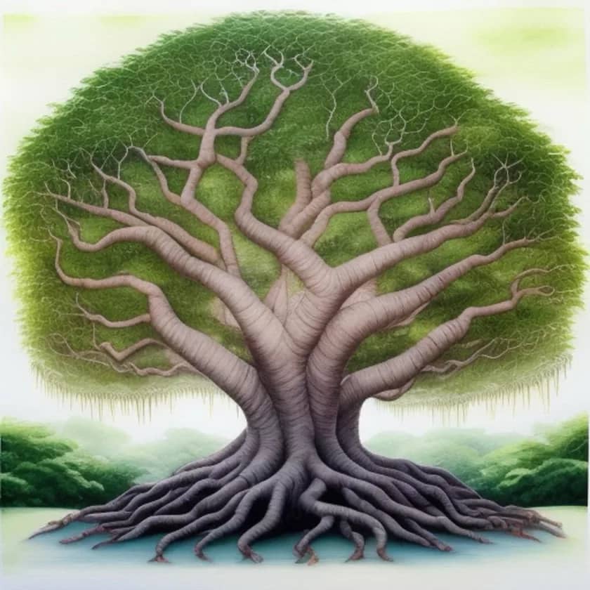 Banyan Tree (Ficus benghalensis) - In Hinduism, the banyan tree is considered sacred and is often associated with Lord Krishna. It's known for its expansive aerial roots that create a canopy, symbolizing interconnectedness and the unity of all life