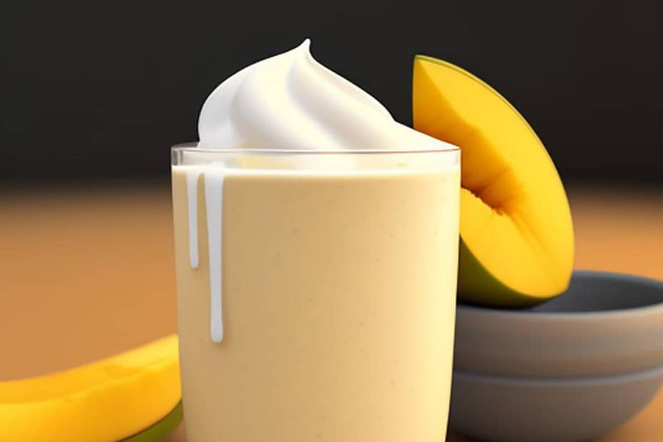 Mango-Coconut Smoothie with Ripe mango, Coconut milk, Greek yogurt, Honey or agave syrup and Ice cubes