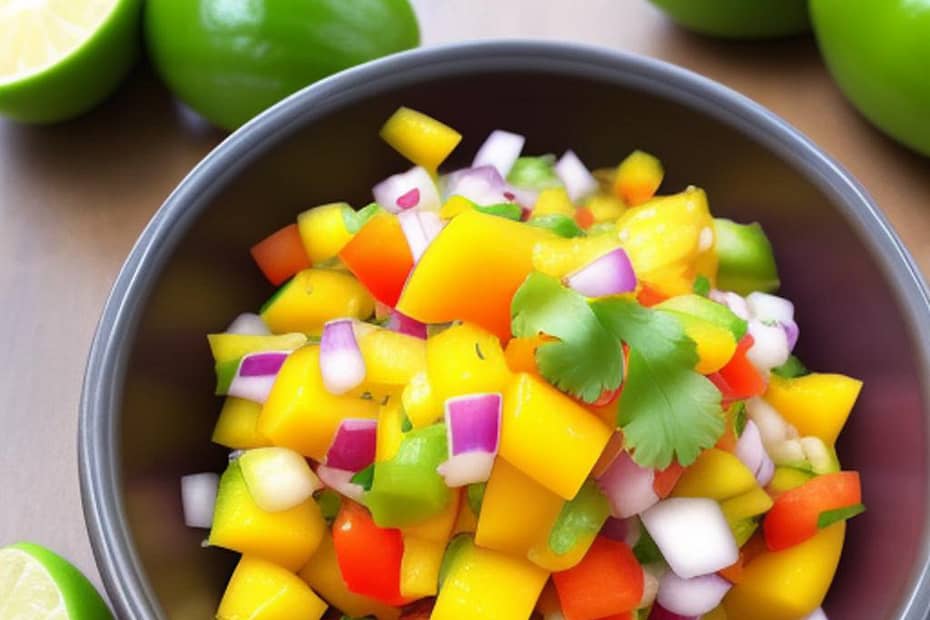 Mango Salsa with Ripe mango, Red bell pepper, Red onion, Jalapeño pepper, Fresh cilantro, Lime juice, Salt and pepper