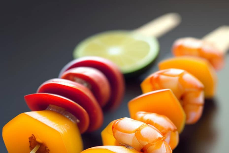 Mango Shrimp Skewers with Large shrimp, Ripe mango chunks, Red bell pepper, Red onion, Lime juice, Honey, Soy sauce, Garlic powder, Salt and pepper