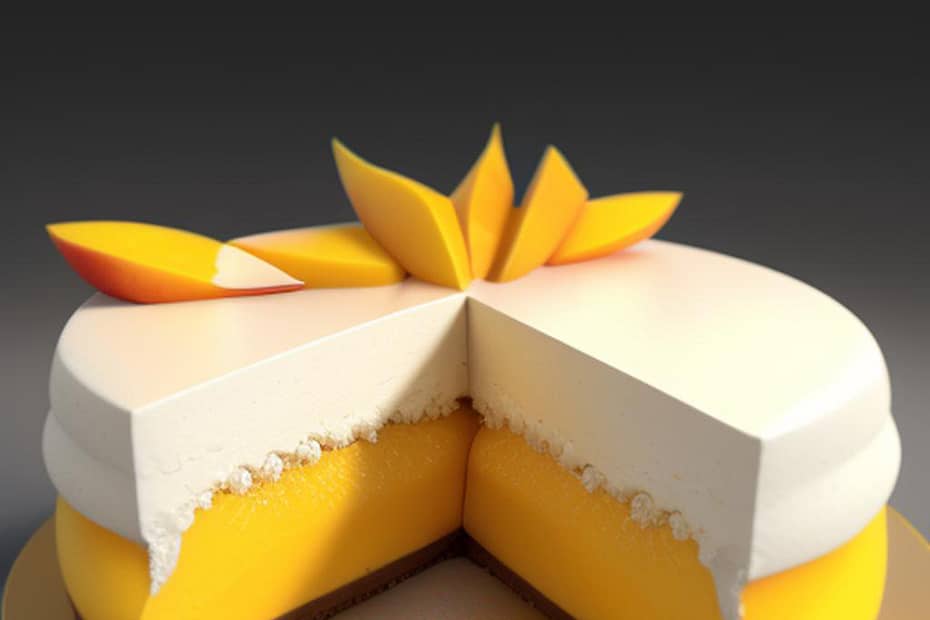 Mango Cheesecake with Graham cracker crust, Cream cheese, Ripe mango puree, Sugar, Eggs, Vanilla extract, Whipped cream and fresh mango slices for garnish.