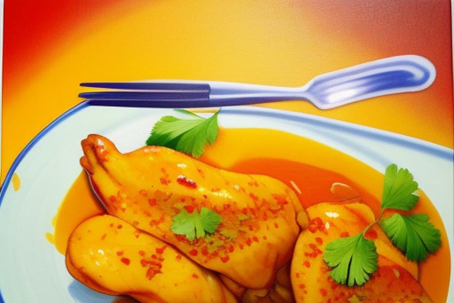 Mango Chicken Curry with Chicken breast or thigh pieces, Ripe mango puree, Coconut milk, Onion, Garlic, Ginger, Curry powder, Turmeric, Cumin, Red chili flakes, Salt and pepper and Fresh cilantro for garnish