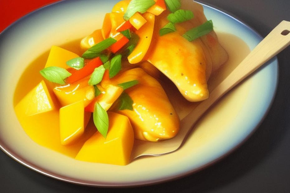 A typical African Dish with Mango . Mango Chicken or Chicken in Mango Sauce.
