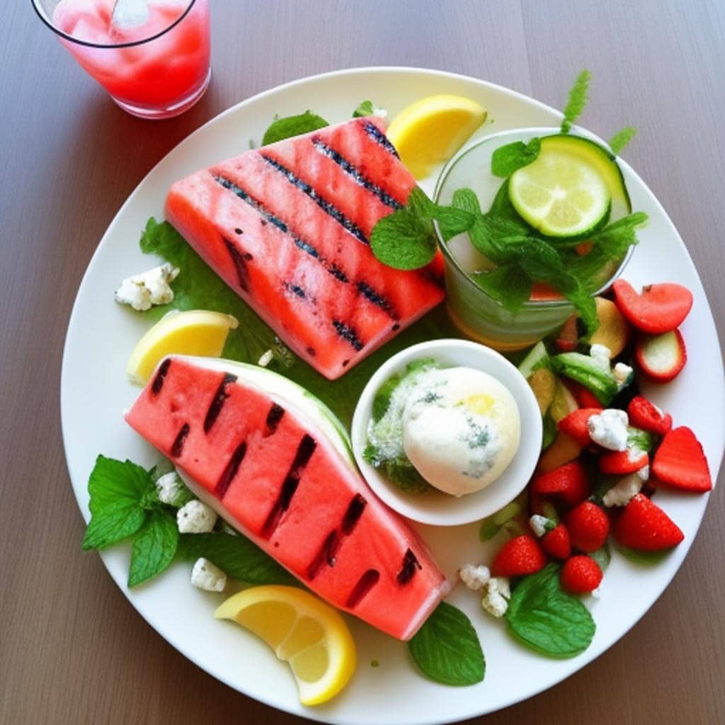 een eenvoudig, heerlijk, verfrissend  zomermenu. gegrilde watermeloen, feta salade, gegrilde zalm, citroen-dille saus, geroosterde groentesalade, aardbeien met vanille-ijs, mojito mocktail