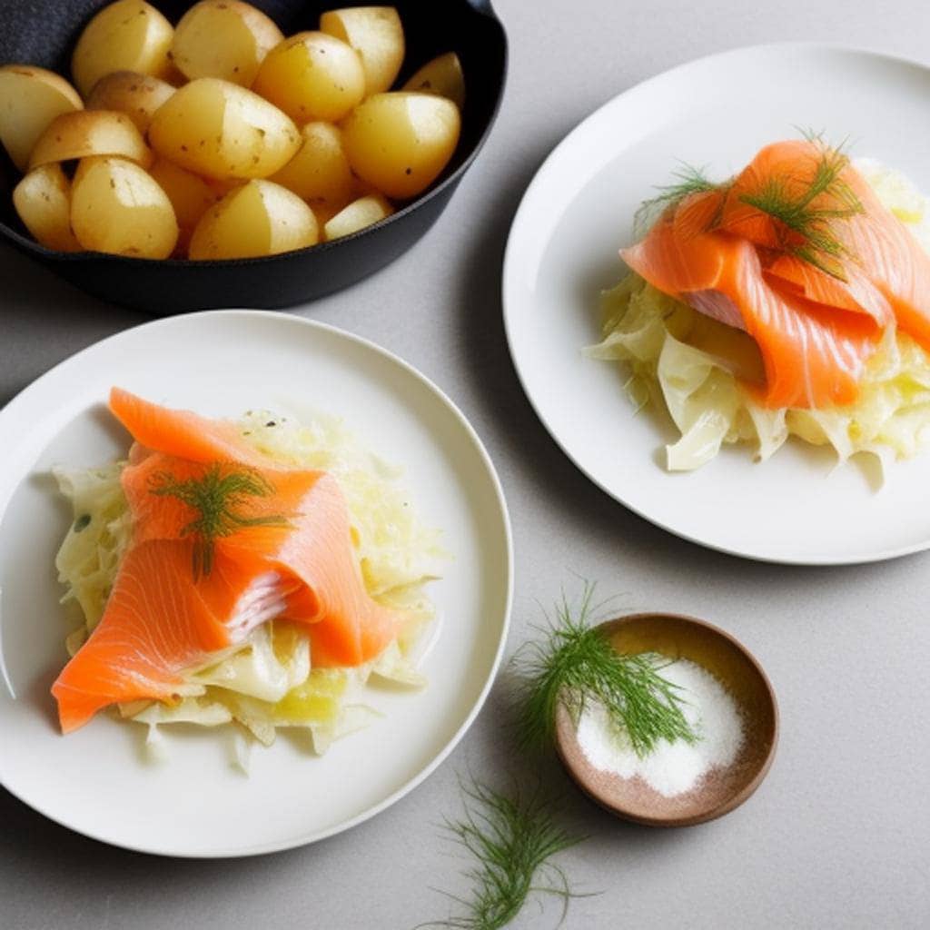 eenvoudig recept voor een gerecht met witte kool, aardappeltjes en gerookte zalm