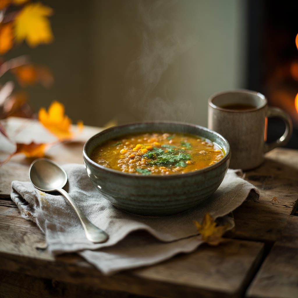 herfstsoep met linzen en verse kurkuma