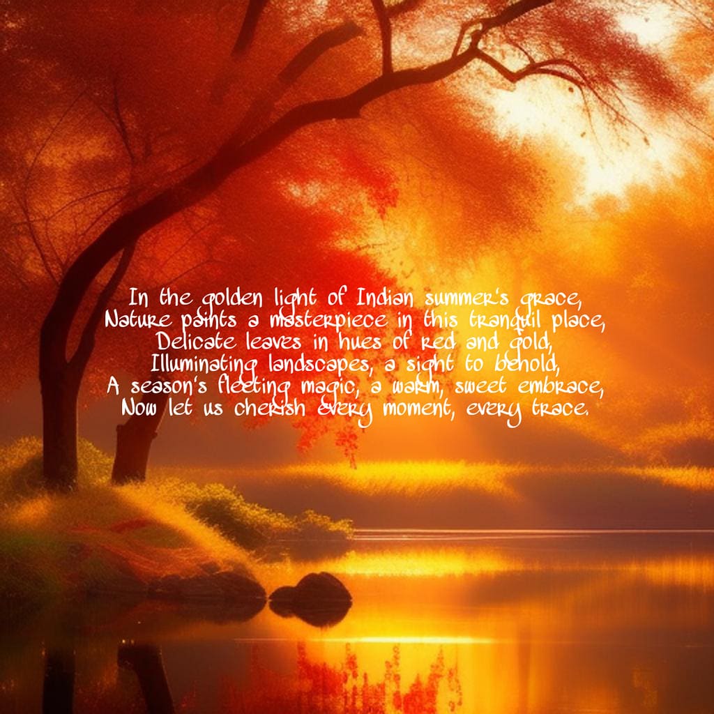 In the golden light of Indian summer's grace, Nature paints a masterpiece in this tranquil place, Delicate leaves in hues of red and gold, Illuminating landscapes, a sight to behold, A season's fleeting magic, a warm, sweet embrace, Now let us cherish every moment, every trace.