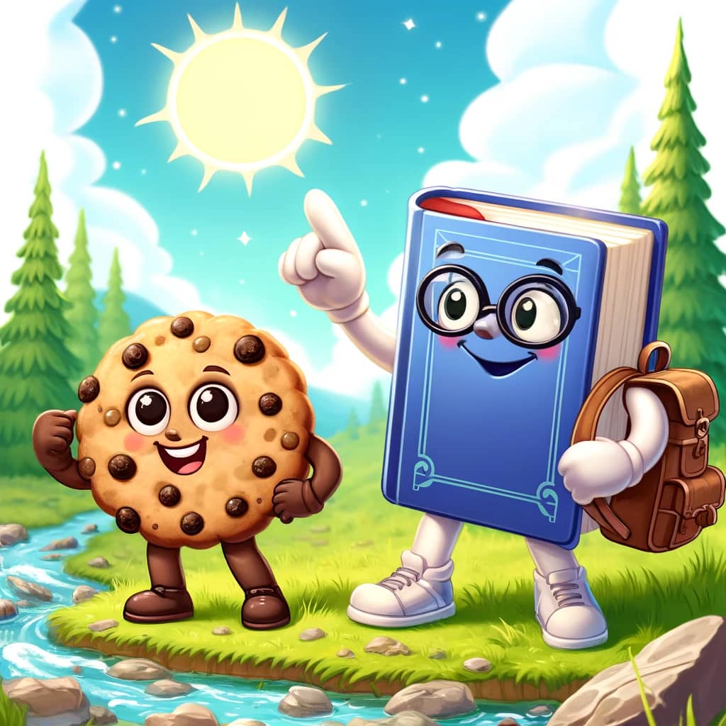 A whimsical illustration featuring a smiling cookie with a backpack standing beside a wise bookmaker (booky) at the edge of a sparkling brook under a bright sun. The bookmaker is an anthropomorphic book with glasses, pointing out to the horizon where adventures await. Around them, the environment is lush with greenery, and playful brooks are seen in the background, indicating a journey about to begin. This scene embodies a sense of adventure, learning, and joy in exploration.