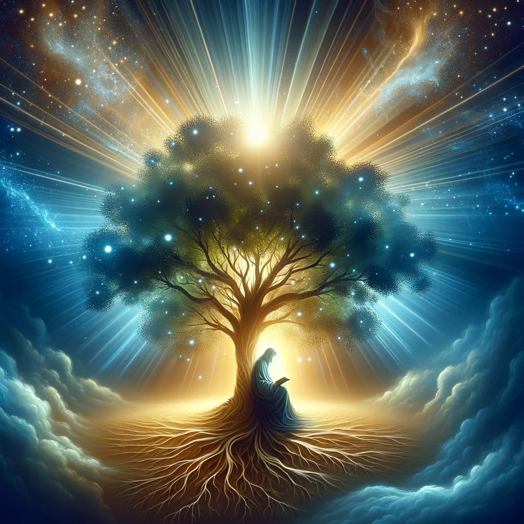 Wisdom: A person in deep contemplation under a tree, surrounded by light.