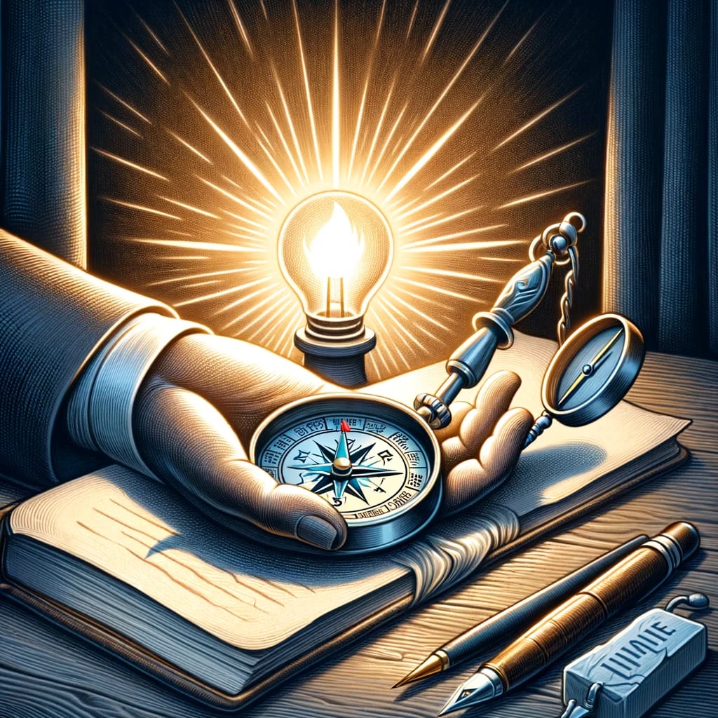 Counsel: A compass pointing towards a light, symbolizing guidance and right judgment in making decisions.