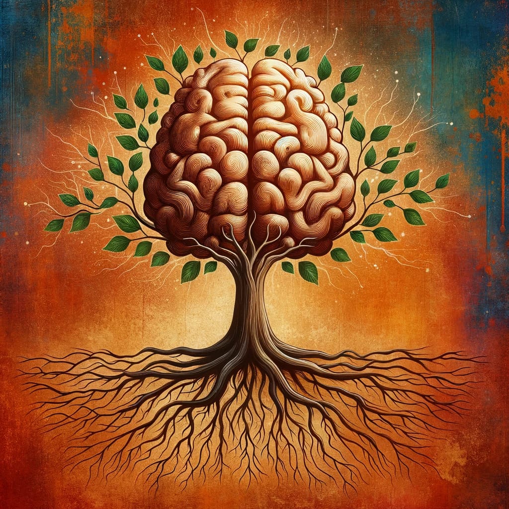 Knowledge: A tree with roots and branches forming a brain, symbolizing deep understanding and awareness.