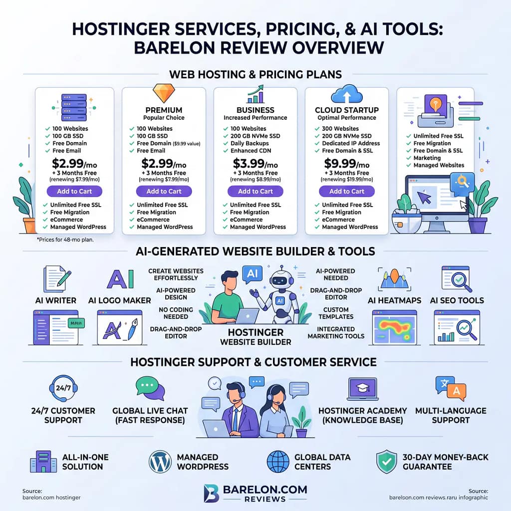 Hostinger Services, Pricing, Support, AI Generated Tools, and Maintenance