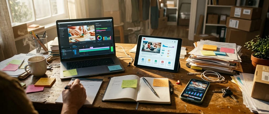 Best Video Seo Software For 2027 1 A small business owner's desk cluttered with a laptop, tablet, and phone, each screen glowing with a different video thumbnail and view-count display, morning light through a nearby window, suggesting the scattered nature of tracking video performance across platfor