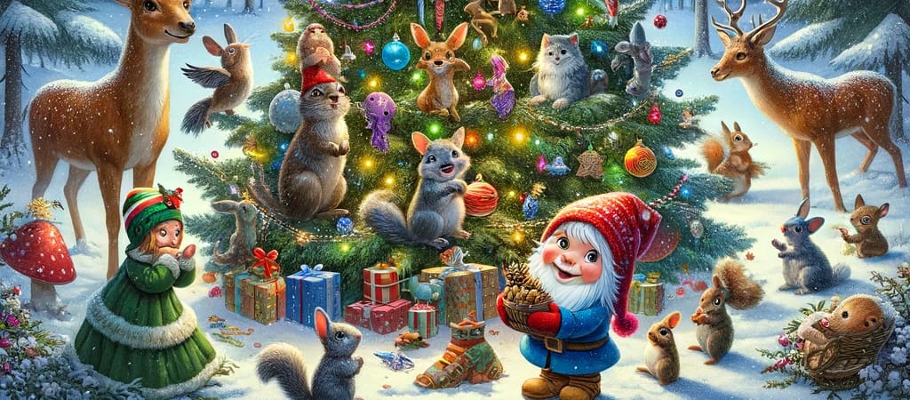 Pirrewitje en zijn vriendjes die de kerstboom versieren