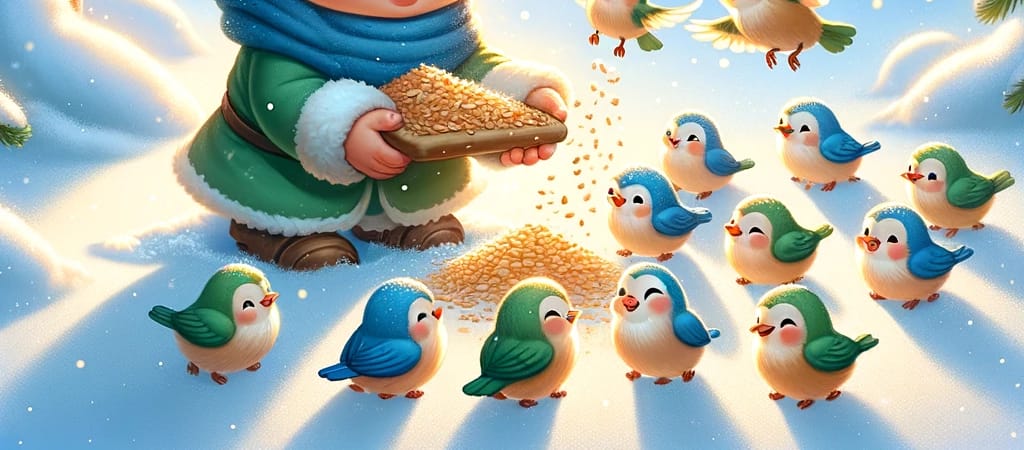 Pirrewitje geeft stukjes brood aan de vogeltjes