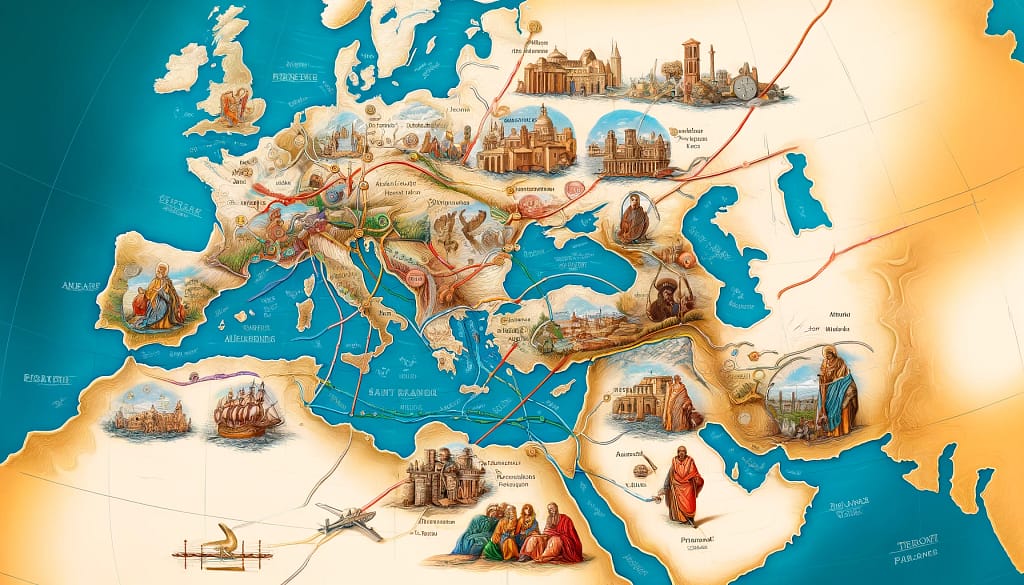  an illustrated map depicting the early spread of Christianity from Jerusalem to major cities like Antioch, Alexandria, Rome, and beyond. The map includes vibrant colors and landmarks, showing routes taken by the apostles, including Saint Mark, with icons marking significant Christian events and figures in each city. Feel free to explore the image to see the geographical and historical journey of early Christianity!