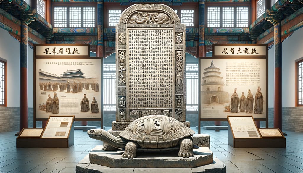 The Xi'an Stele, depicting its detailed carvings and inscriptions in both Chinese and Syriac.
