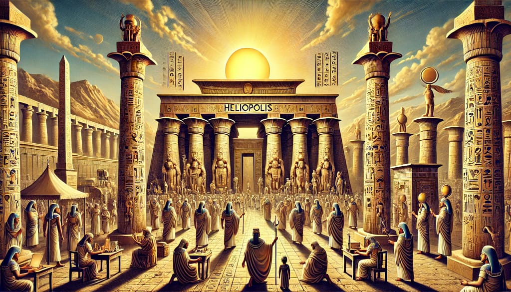 Heliopolis, the ancient Egyptian city dedicated to the sun god Ra, highlighting its grand temple and the religious activities conducted by the priests, including Potiphera.