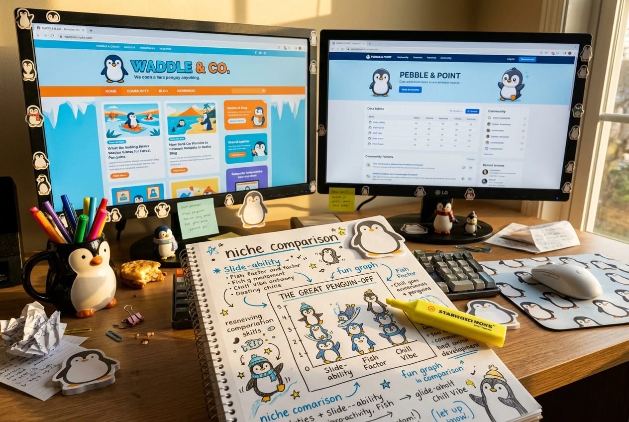 So You Built a Website. Now Make It Pay. 3 Make this a fun graph.Two monitors side by side on a cluttered desk, each displaying a different niche website's homepage, with a notepad in front covered in handwritten comparison notes and a yellow highlighter resting on top, late afternoon light through a window. Make this slay with pinguins i c