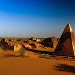 Panorama of Meroe pyramids in the desert at sunset, Sudan,