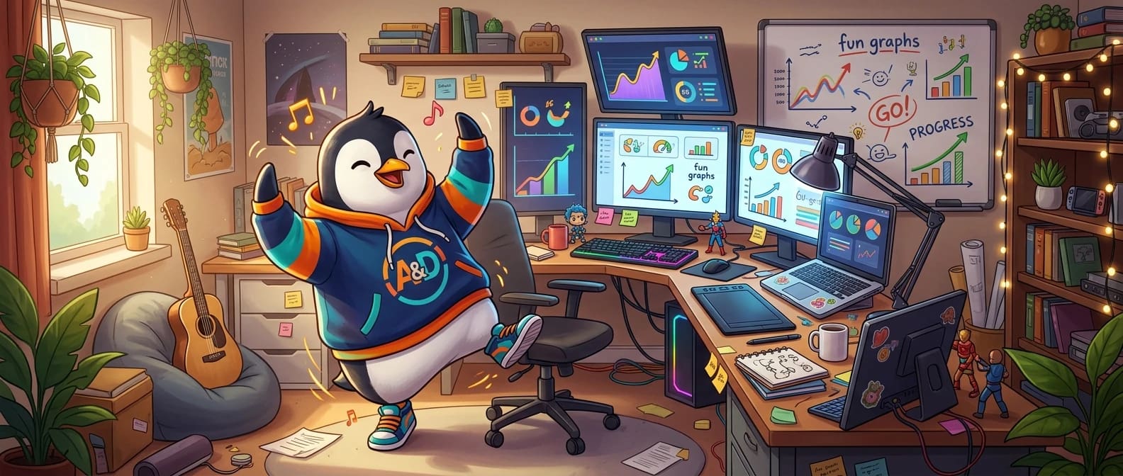 A fun graph with a pinguin dressed in my logo a,d colors and dancing around an home office and workdesk