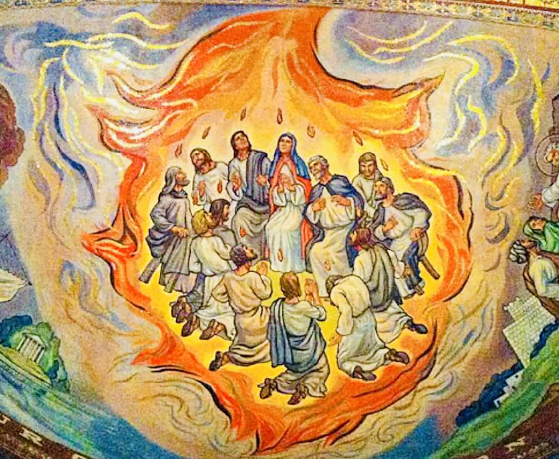 The day of pentecost, divine Gift of the Holy Spirit and birth of the Holy Church around Mary, mother of Jesus