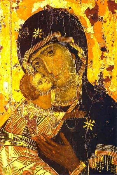 The Vladimirskaya, one of the oldest orthodox icons. A portrait of mother Mary by saint Luke.