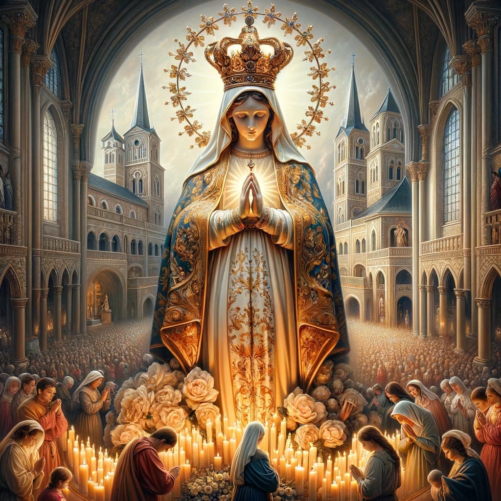 Our Lady of Marija Bistrica. The miraculous statue of the Virgin Mary adorned in rich robes, with the sanctuary in the background and pilgrims in prayer.