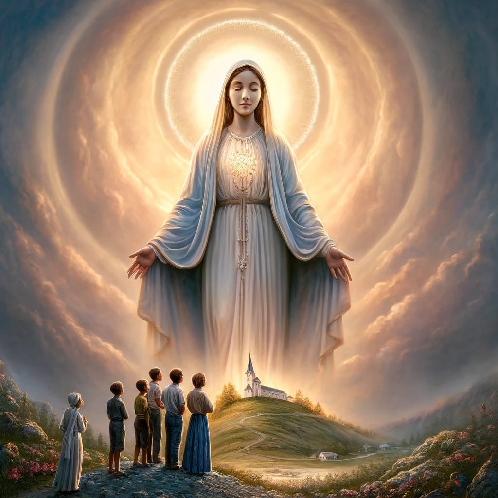 Our Lady of Medjugorje. The Virgin Mary appearing to six visionaries on a hill, with a serene expression, dressed in white and blue.