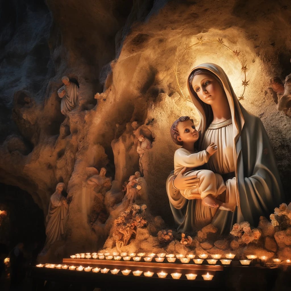 Our Lady of the Grotto. The Virgin Mary holding the infant Jesus in a peaceful grotto, surrounded by soft candlelight and pilgrims in prayer.
