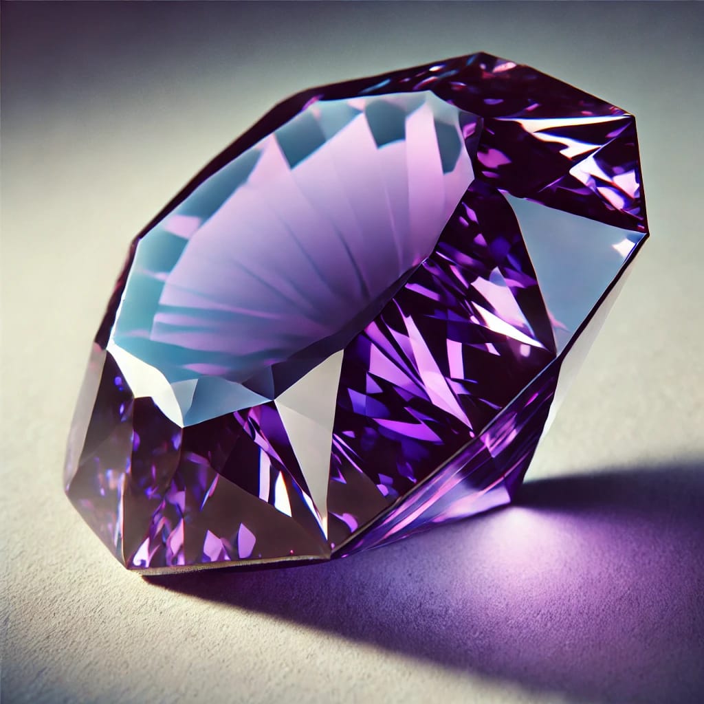 The Amethyst gemstone, showcasing its deep purple color and faceted brilliance. 
