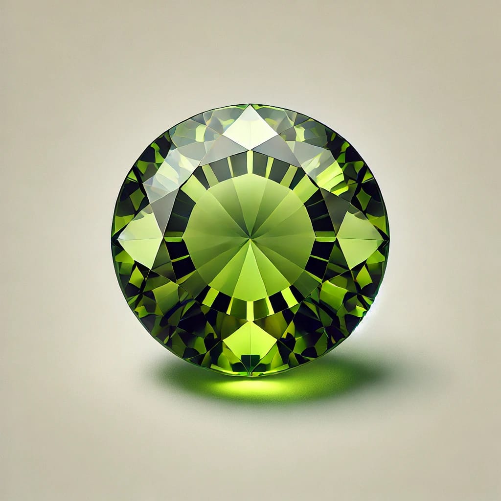 The Chrysolite (Peridot) gemstone, highlighting its vibrant olive green color. 