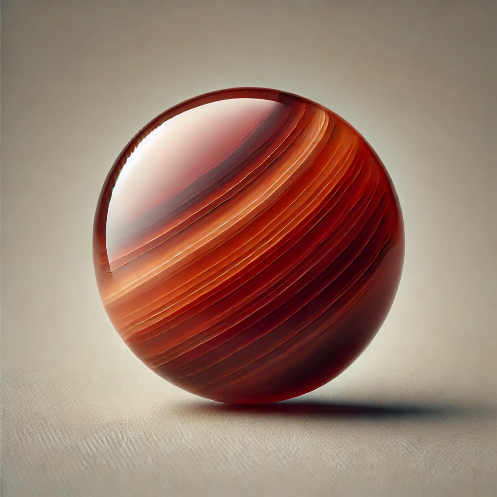 The Carnelian gemstone, showcasing its deep reddish-brown color and polished surface. 